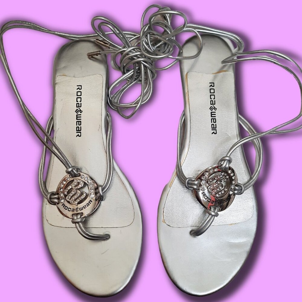 Y2K 2000s Rocawear Silver Rhinestone Sandals Flat Thong With Ties Womens US 9